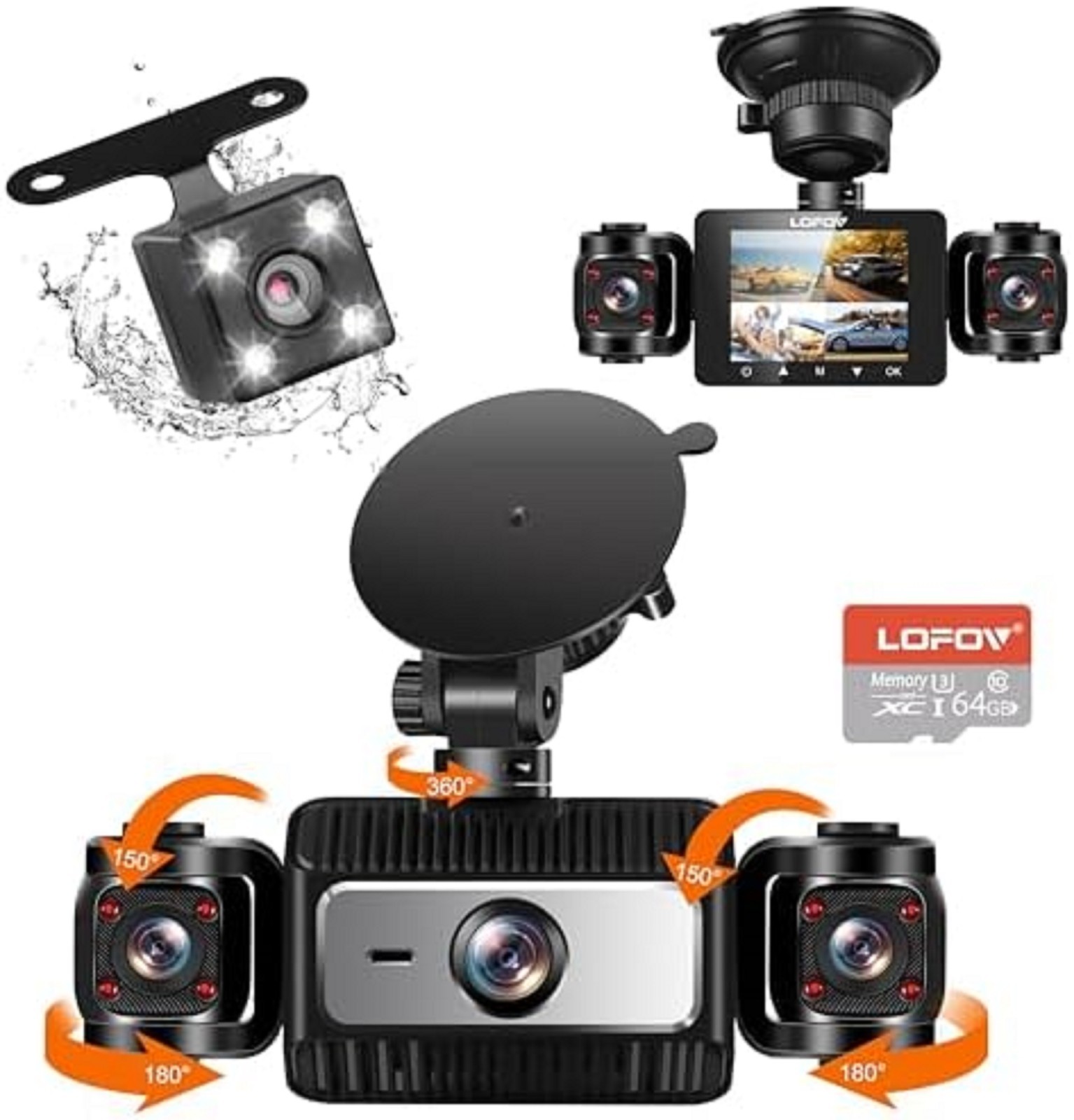 4 Channel Dash Cam 360°View,LOFOV 1080P Front and Rear Inside,Left Right 64GB SD
