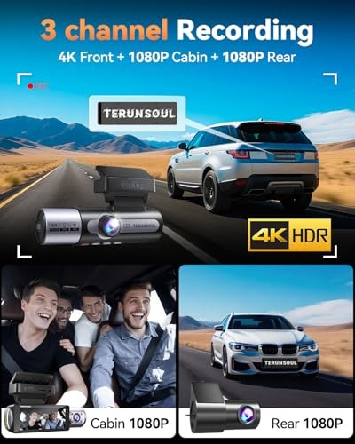 BLACK – TERUNSOUL 4K DASH CAM FRONT AND REAR, FULL HD 3 CHANNEL DASHCAM FW983A