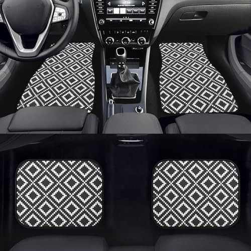 Geometric Squares Car Floor Mats 4Pcs Black and White Ethnic Tribal Black White