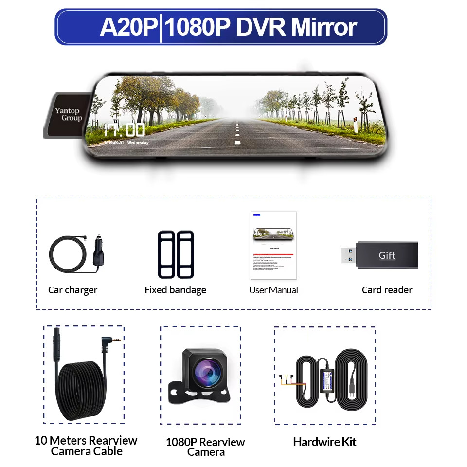 10″ Dual 1080P Car DVR Touch Screen Rearview Mirror with Night Vision Camera