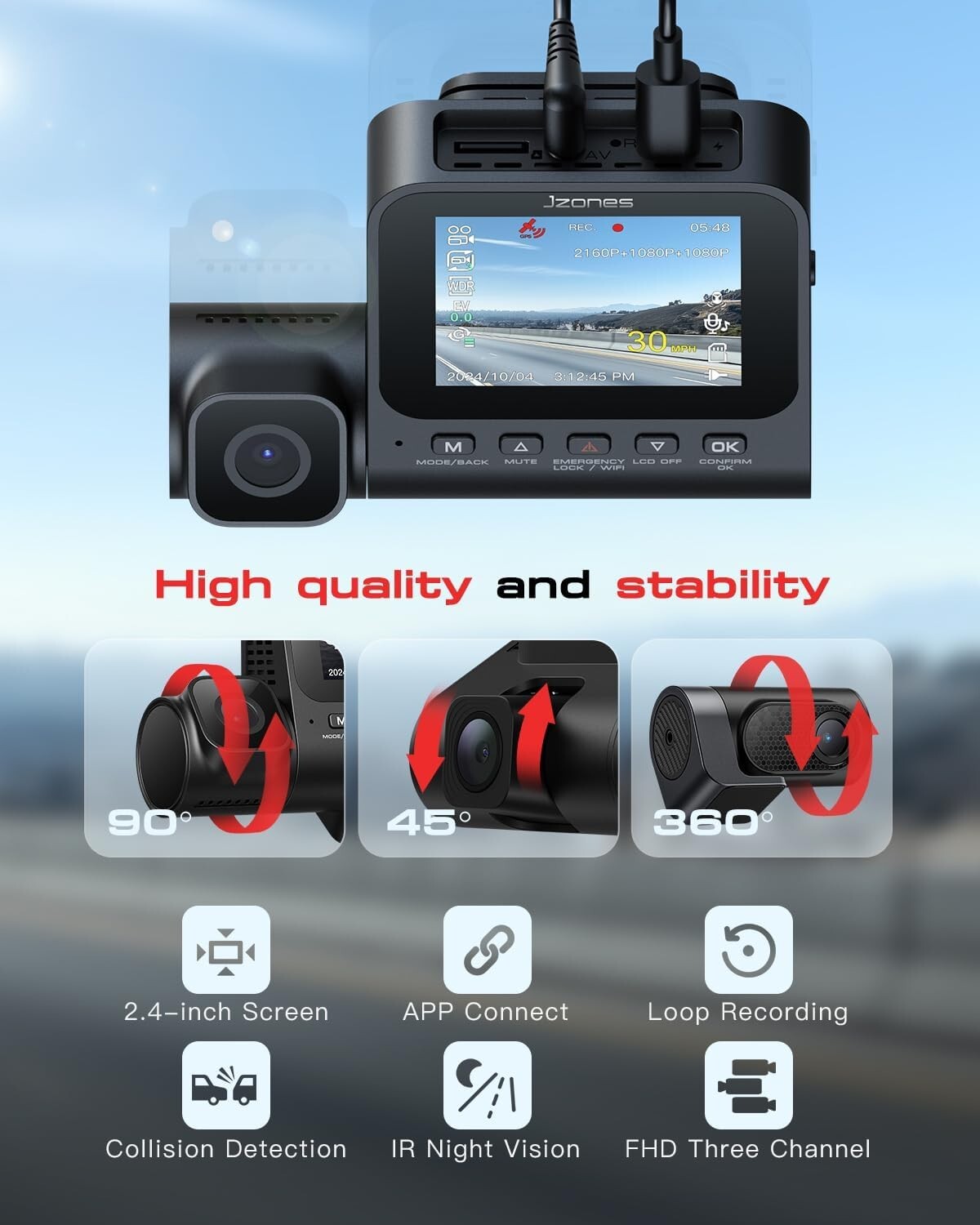 HDR Night Vision 3 Channel 4K Dash Camera with GPS, APP, 64GB Card