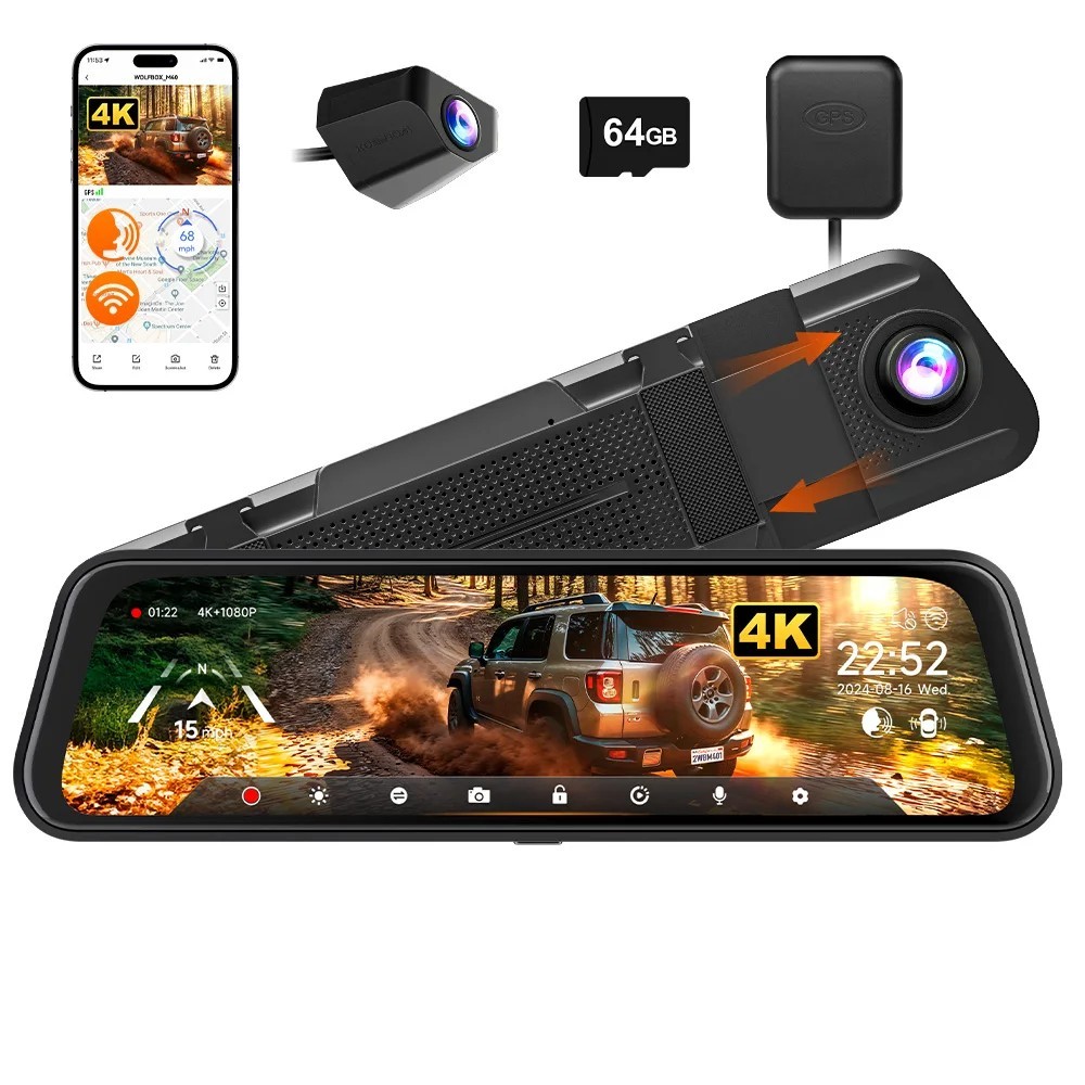 WOLFBOX M40 Dash Cam 4K 1080P Front Rear Voice Control WiFi GPS 64GB