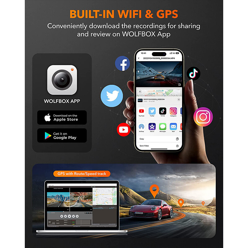 WOLFBOX 12” Mirror Dash Cam with WiFi,2.5K+1080P Rear View Mirror Camera