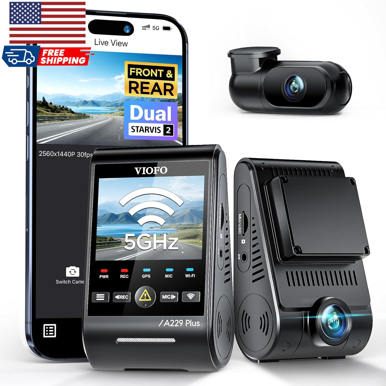 A229 plus Dash Cam Front and Rear Dual STARVIS 2 Sensors 2 Channel HDR 1440P