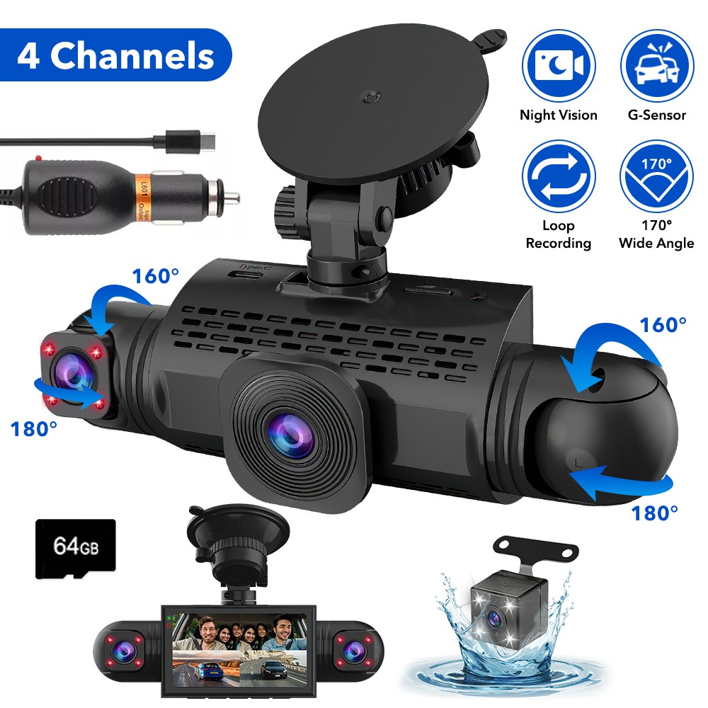 4 Lens Dash Cam FHD 1080P 4 Lens Front Rear Inside Driving Recorder Night Vision