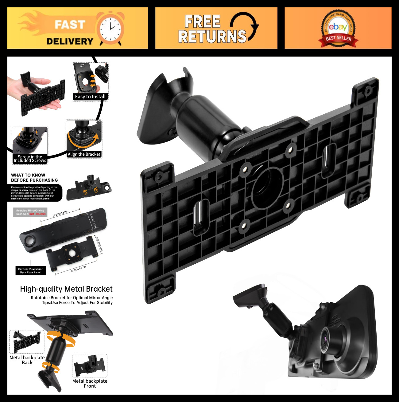 Universal Rear View Mirror Dash Cam Mount Kit – Fits 5.5″ to 12″ Mirrors