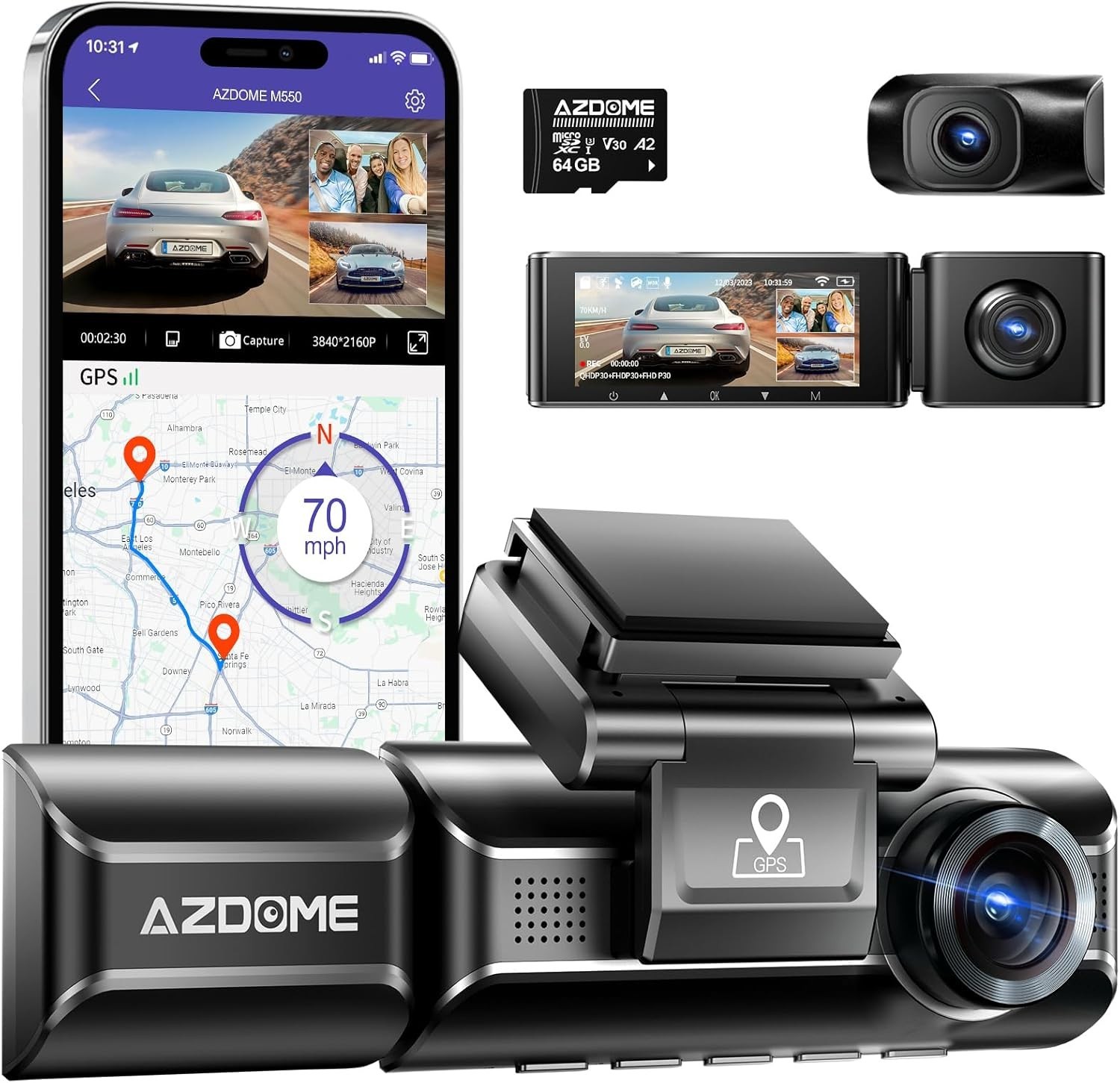 Luxury M550 Dual Dash Camera – 3 Channel, WiFi, and GPS – Enhanced Night Vision