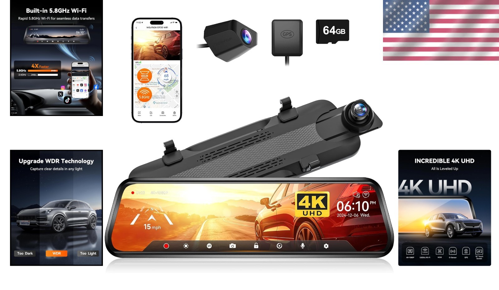 G930 4K Dash Cam with Touch Screen | 5.8GHz WiFi & 64GB Card, for All Vehicles