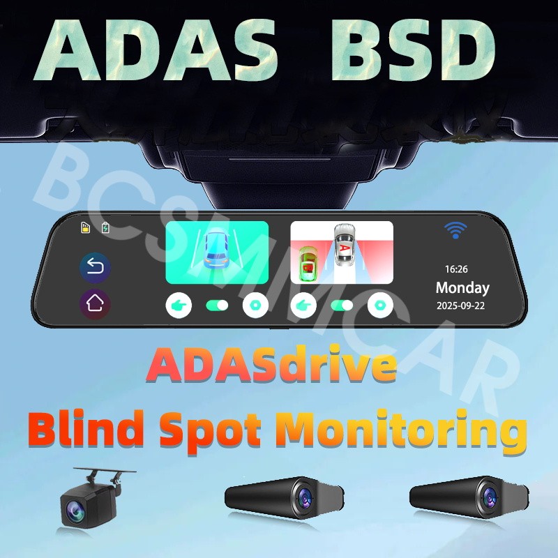 Car Dash Cam Rearview Mirror Video Recorder Touch Screen BSD Blind Spot Monitor
