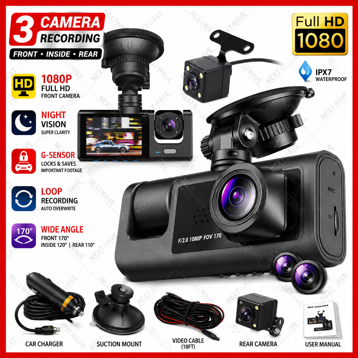 3 Channel Dash Cam 1080P Front Cabin Rear Camera G-Sensor Night Vision