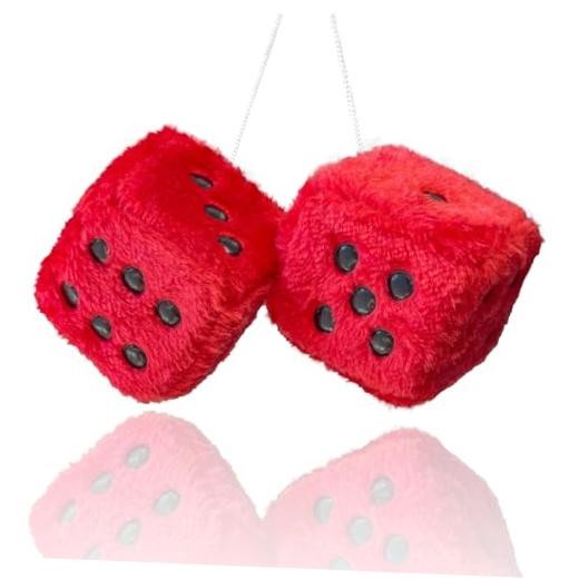 Fuzzy Plush Dice for Car Mirror, Pair of Retro 3” Dice with Black Dots for Red