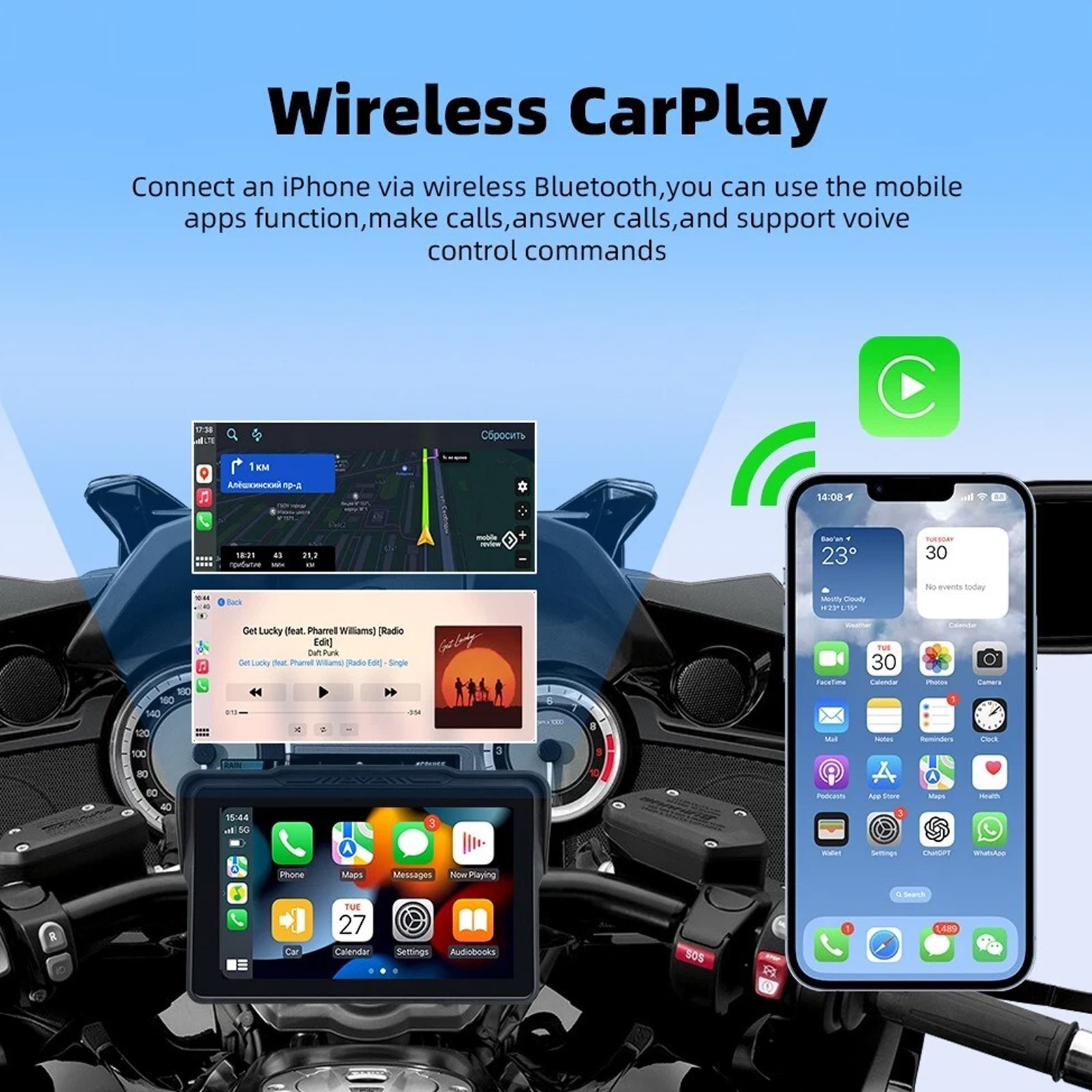 7 inch Motorcycle Android Auto Wireless Touch Screen Carplay + Camera +TPMS