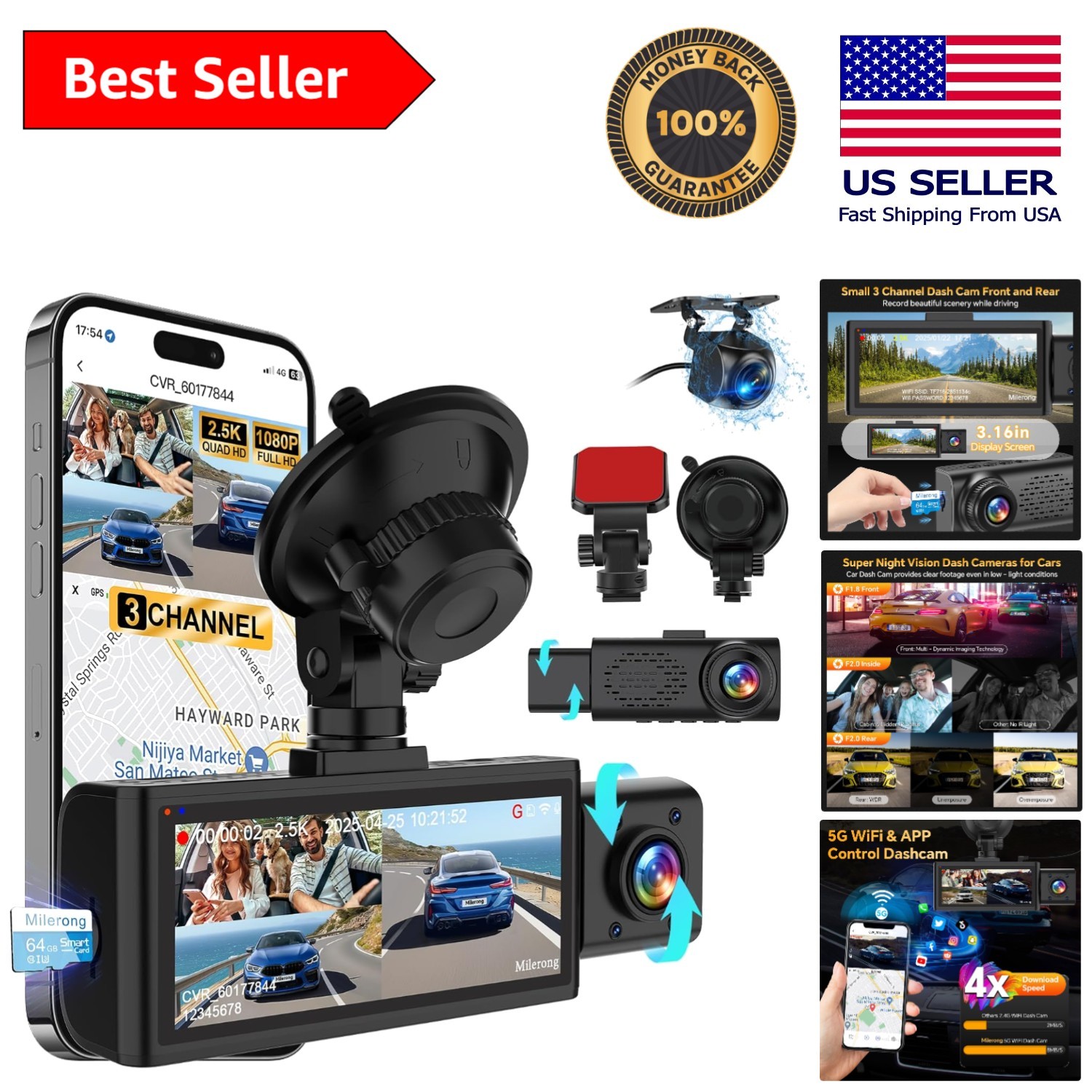 3-Channel 4K Dash Camera with 5G WiFi & App Control for Ultimate Vehicle Safety