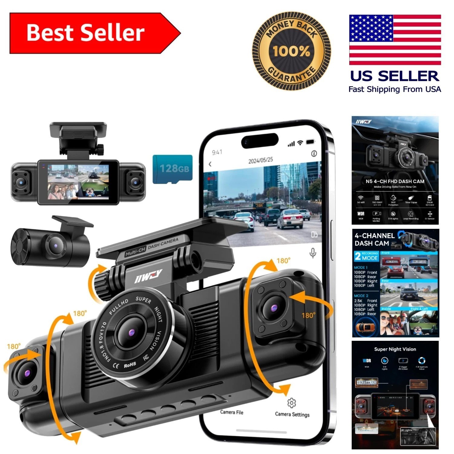 Comprehensive N5 Dash Cam: 360° Monitoring, 4 Channel & Built-in Supercapacitor