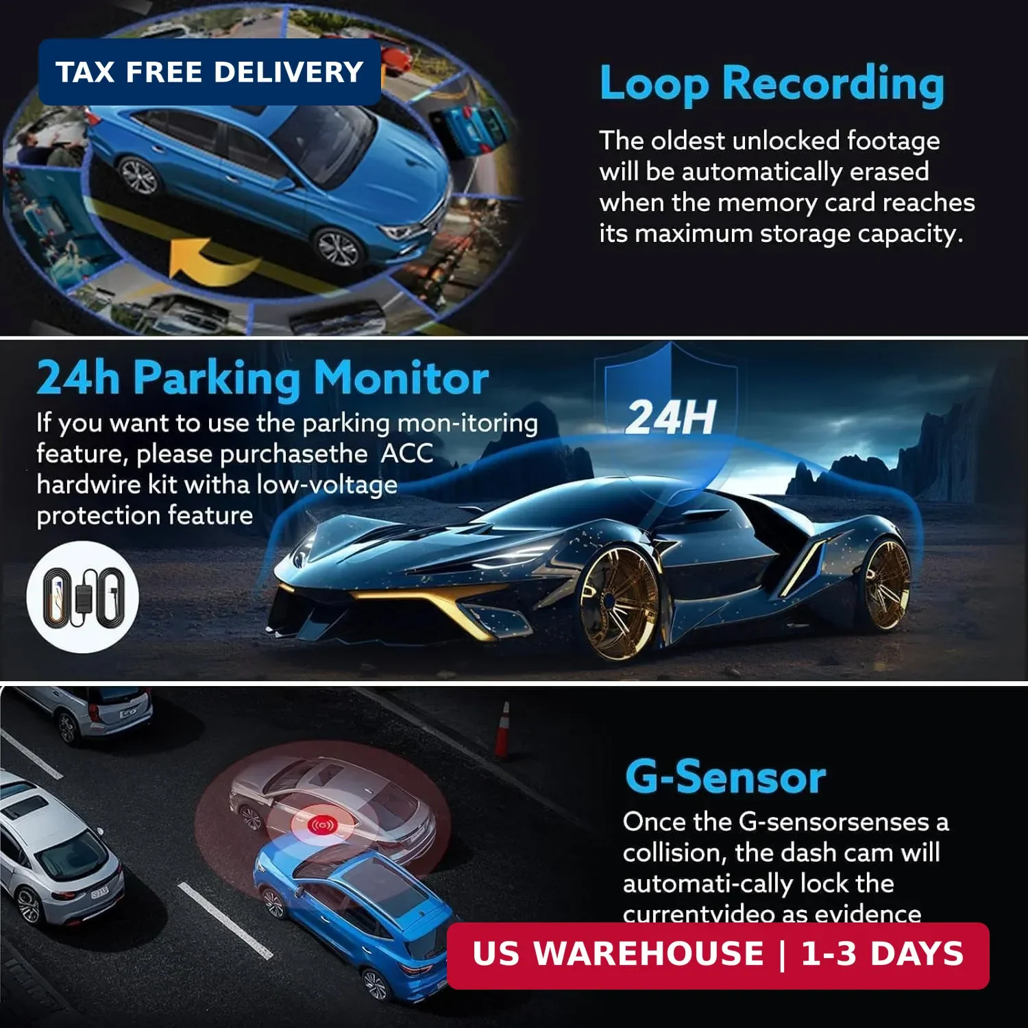 Dash Cam Front Inside 1080P Night Vision Loop Recording G-Sensor Vehicle