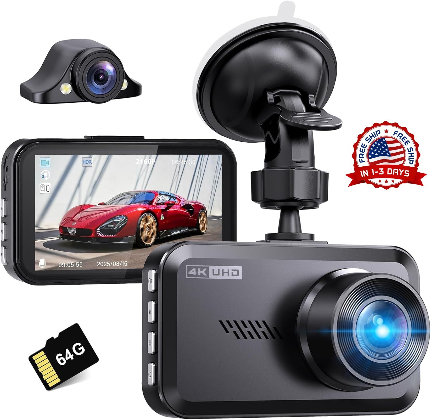 Cámara de salpicadero 4K+4K delantera y trasera, tarjeta SD de 64 GB gratis NEW