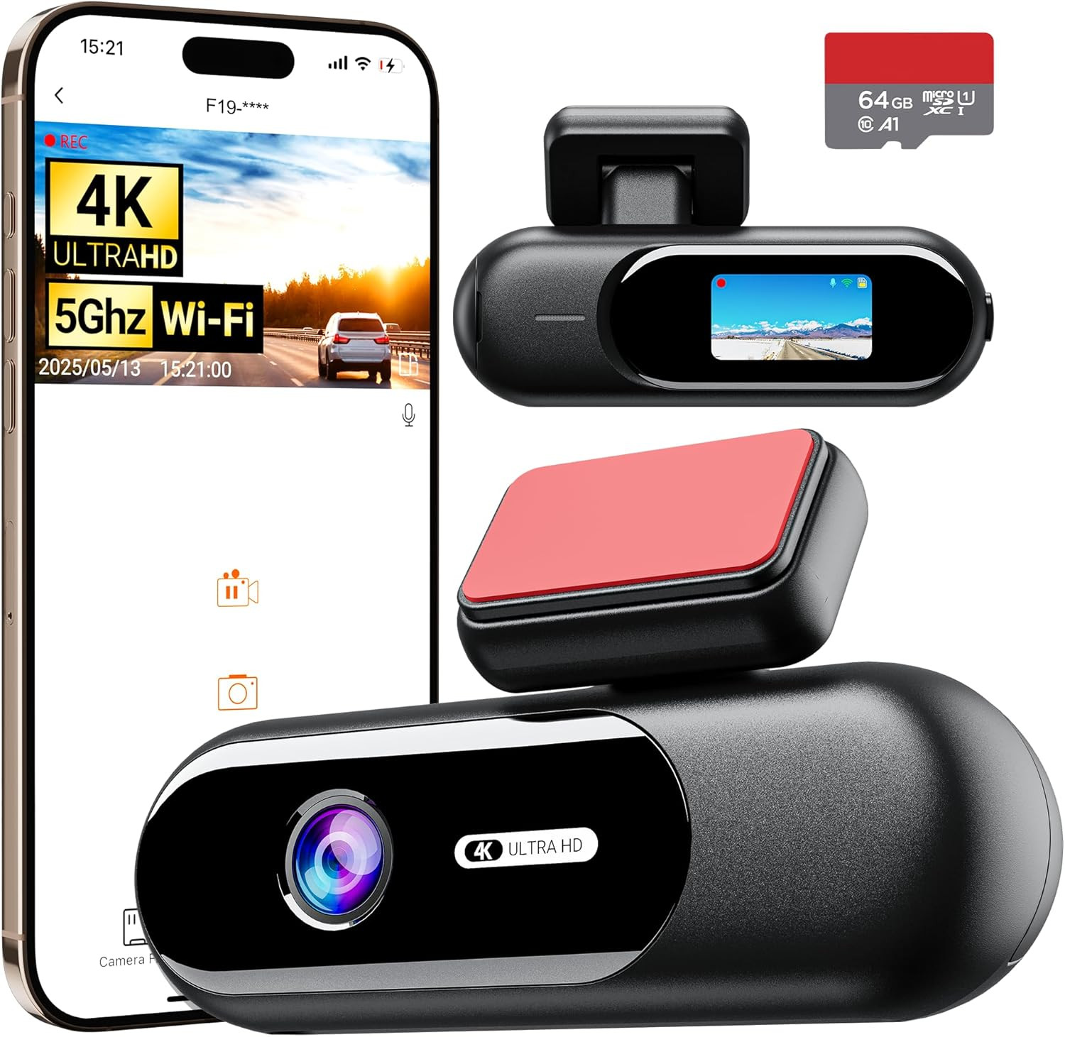 4K Dash Cam Front Built-In 5G WiFi 64GB Card Included Dash Camera For Cars Black