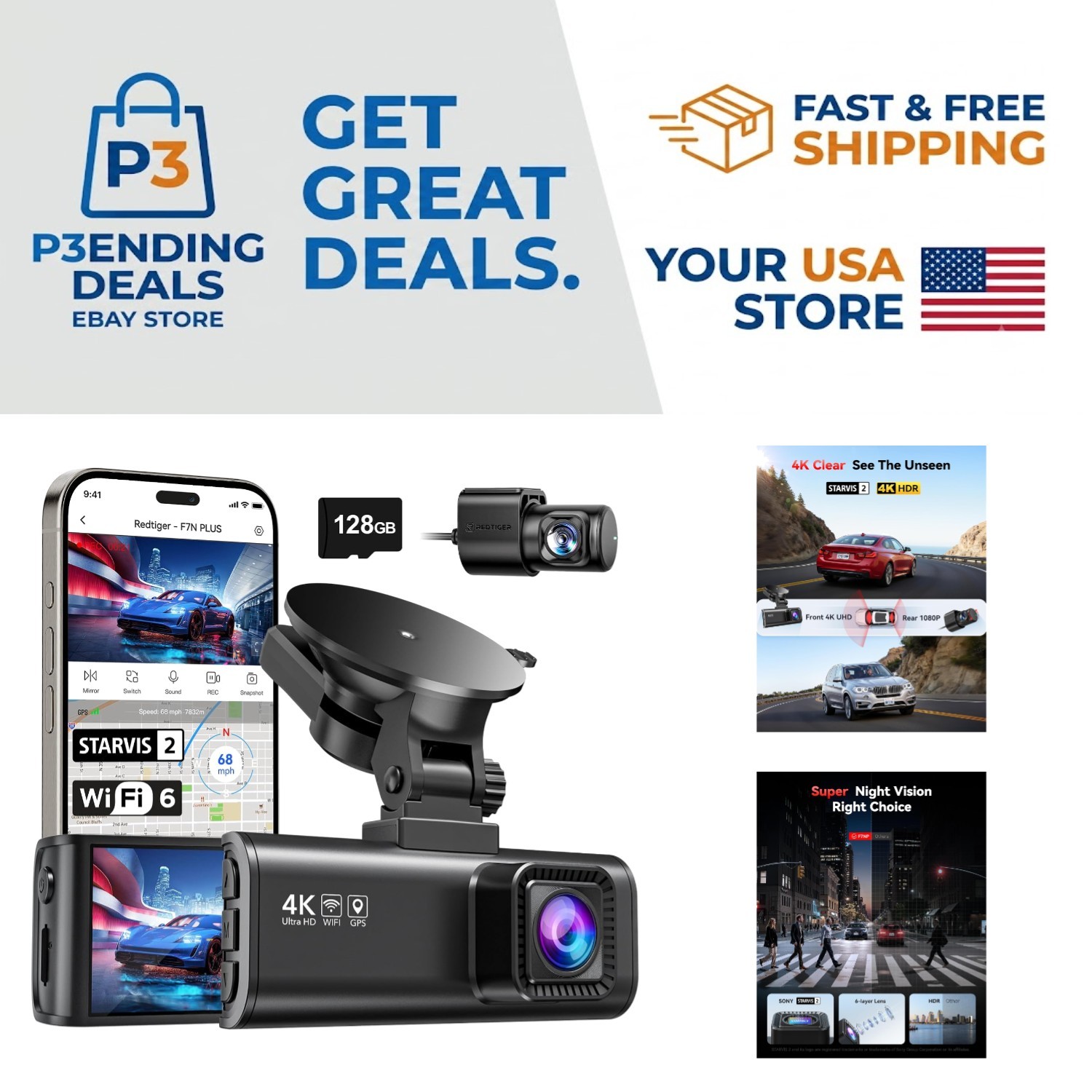 4K Dash Cam with STARVIS Sensor & WiFi – Front & Rear Protection, 128GB Card