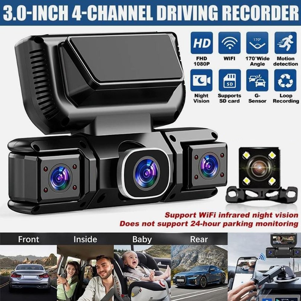 4CH Dash Cam 4 Channel 360°Front Rear Inside DashCam, FHD 1080P Car Camera KU