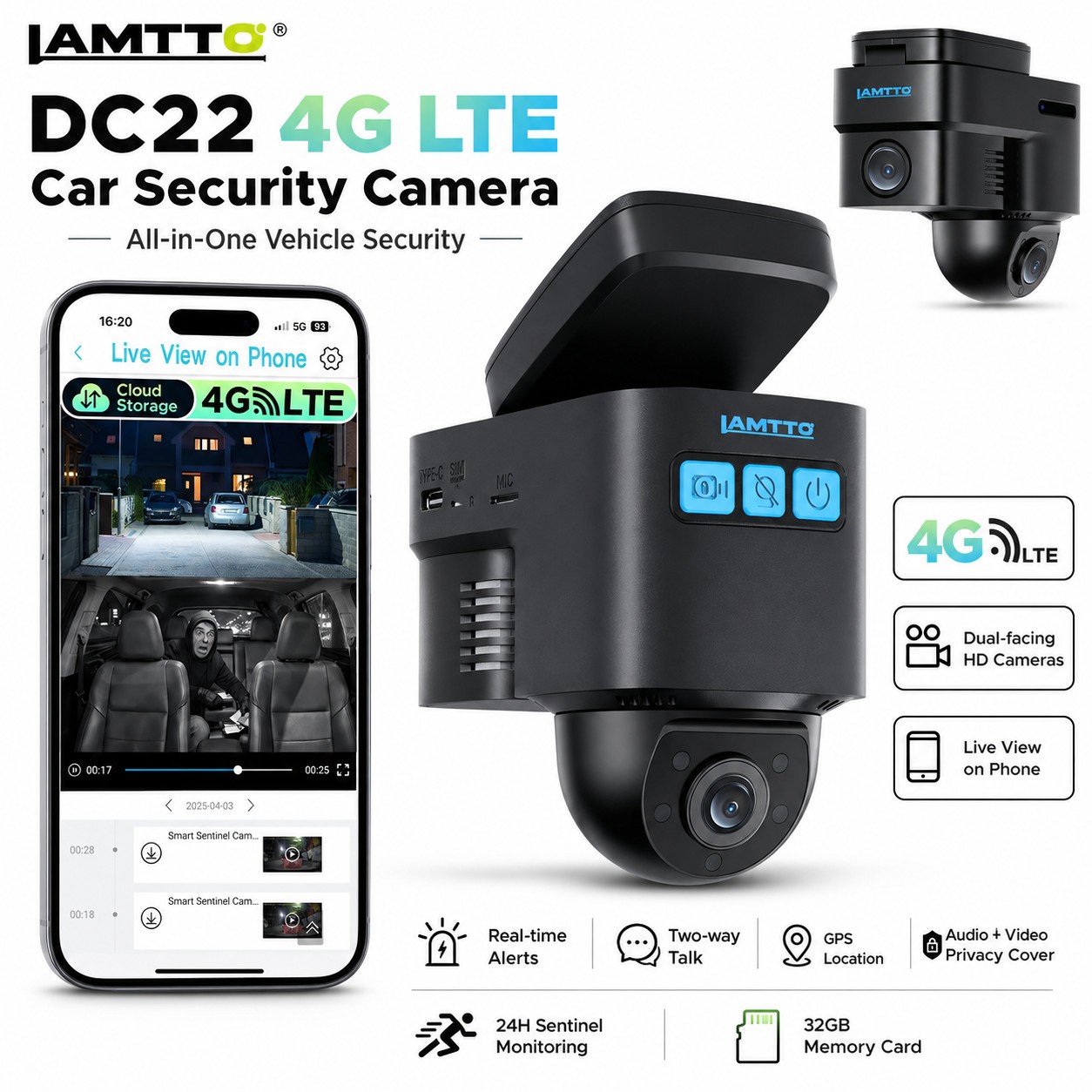 LAMTTO 4G LTE Dual Dash Cam 1080P Front &Inside Remote Live View Parking Monitor