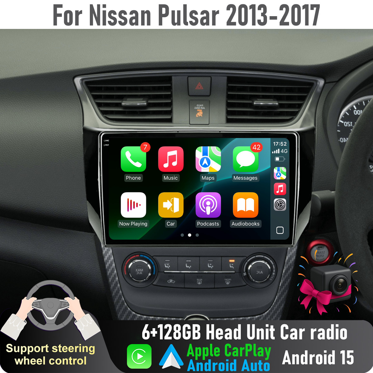 10” Apple CarPlay Auto 6+128GB Head Unit Car radio For Nissan Pulsar 2013-2017