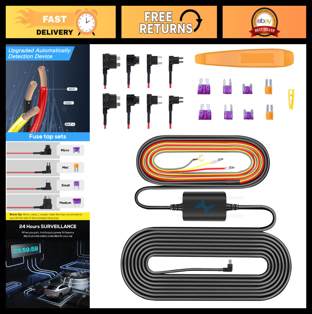Type C Hardwire Kit for Dash Cam – 12V to DC 5V/2A, Fuse Taps & Tools, 11.5ft