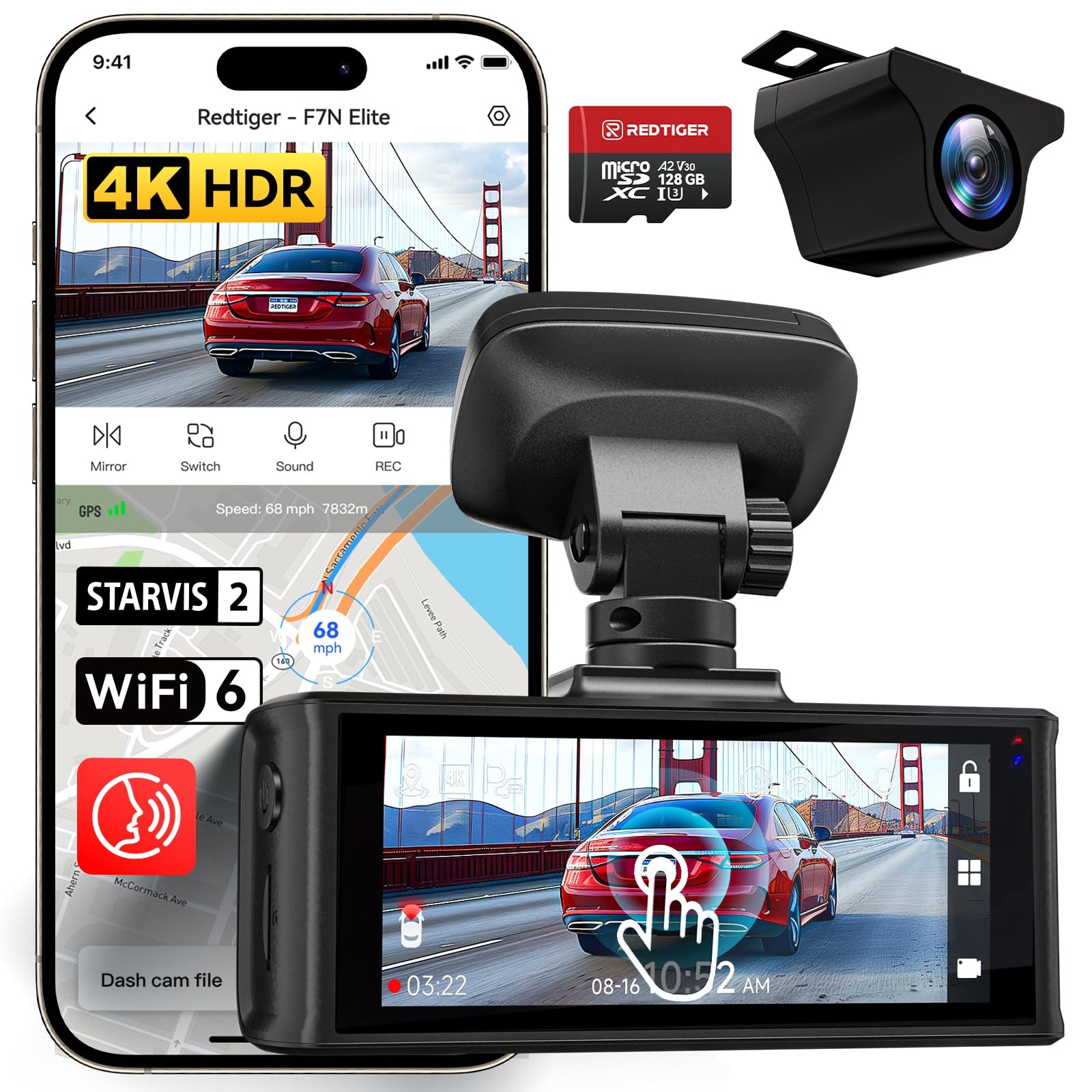4K HDR Dash Cam Front and Rear, STARVIS 2 Sensor, 5.8GHz WiFi APP, 3.18″ Touc…