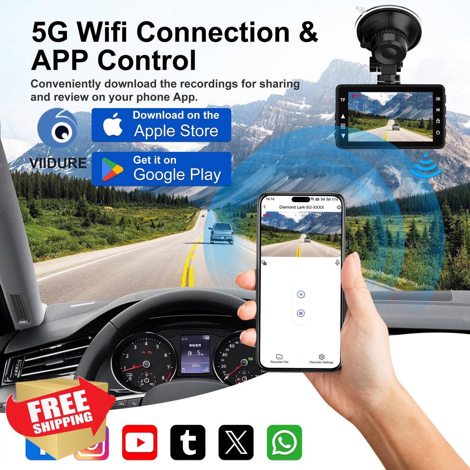 Diamond Lark 4K Dash Cam Front Rear 64GB WiFi APP Control