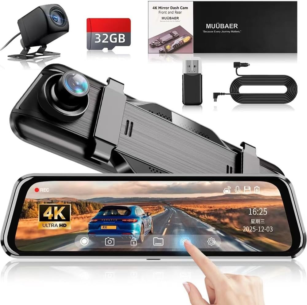 MUÜBAER 4K Rear View Mirror Camera 10” 4K Mirror Dash Cam with Backup Cam