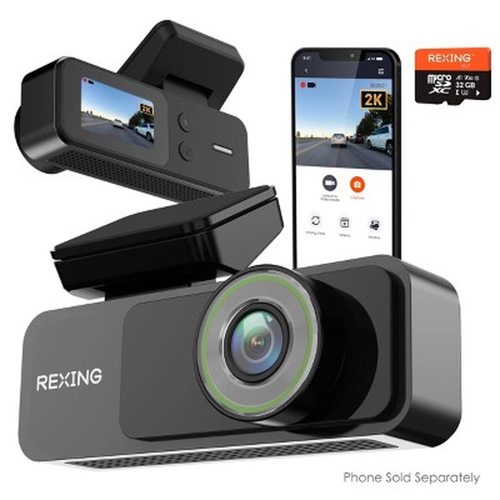 Rexing V1 Lite 2K Dash Cam – Wi-Fi, USB-C, 32GB microSD Included