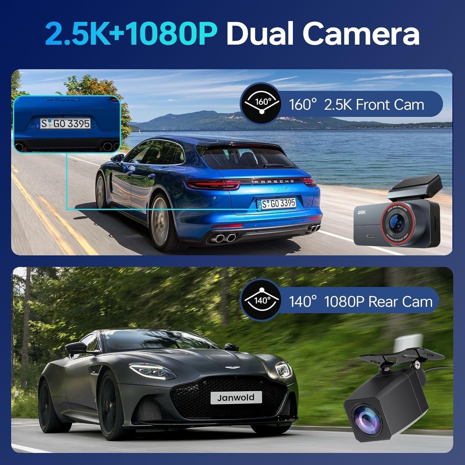 2.5K Dual Dash Cam Front & Rear, 64GB, WiFi, GPS, 160° Wide Angle, Night Vision
