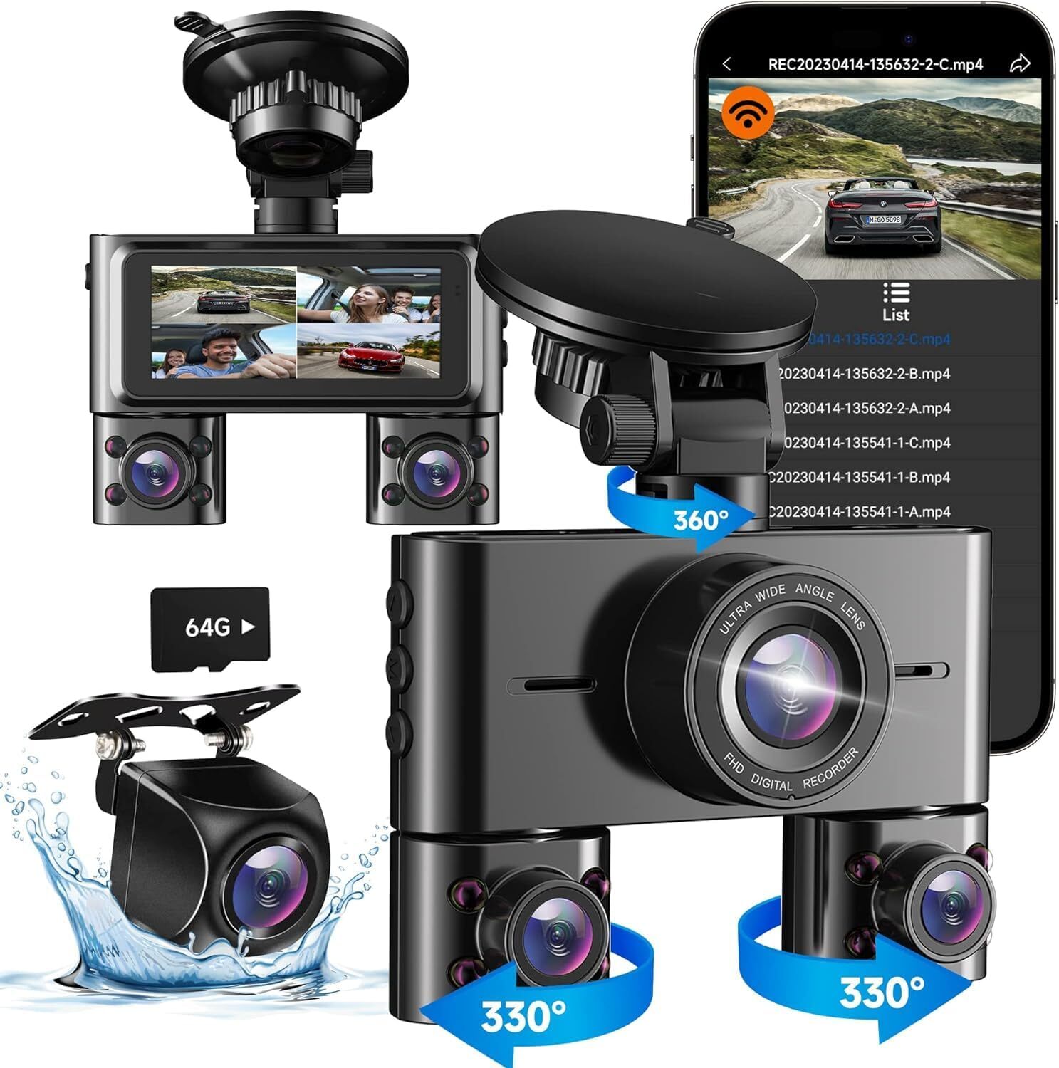 V7 64G 4 Channel Dash Cam Fhd 1080P Night Vision With Wifi And G Sensor