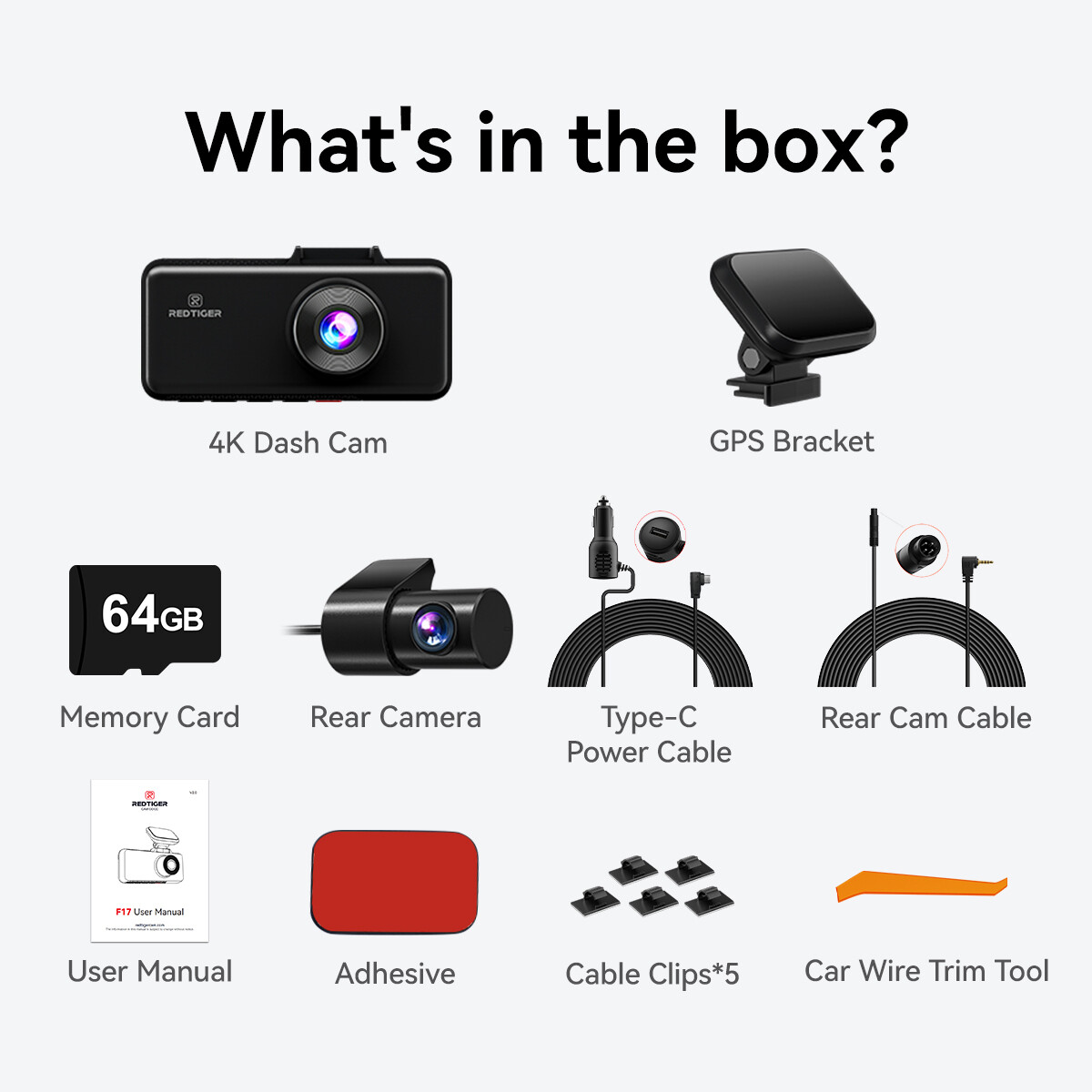 REDTIGER F17 4K Dash Cam 3 Channel 5G WiFi Front and Rear Inside With 64GB Card