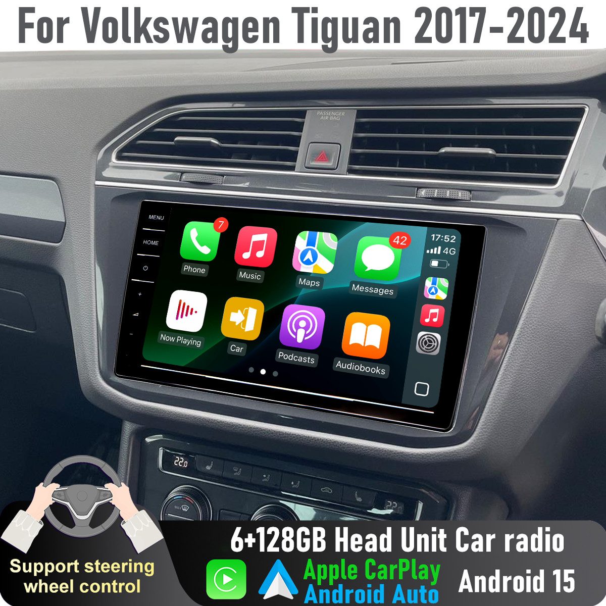 9” Wireless CarPlay Auto 6+128GB Head Unit radio For Volkswagen Tiguan 2017-24