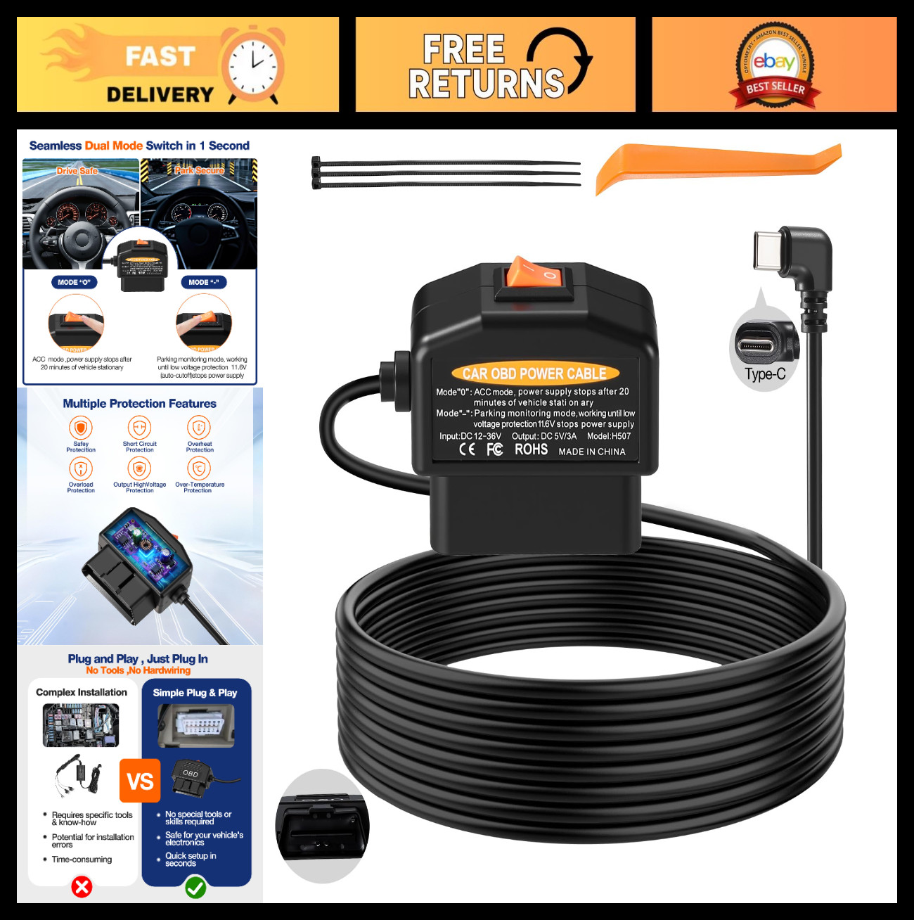 OBD2 to USB C Power Cable for Dash Cam – Hardwire Kit, Low Voltage Protection, 2