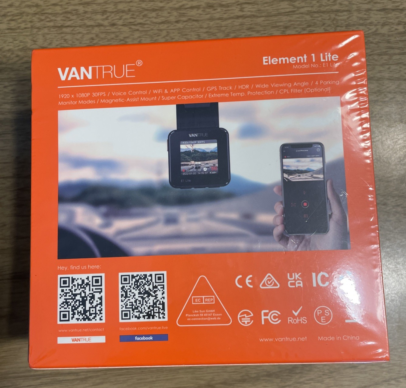 Vantrue Element 1 Lite Black Wireless 1080P Voice/Wifi Control Dashboard Camera