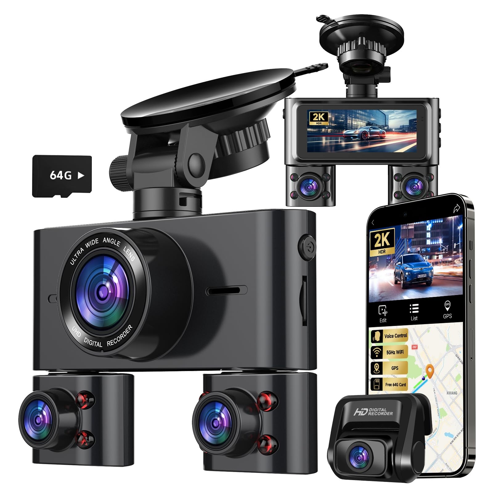 Dash Cam 360°, 4 Channel Camera for Cars Front and Rear Inside