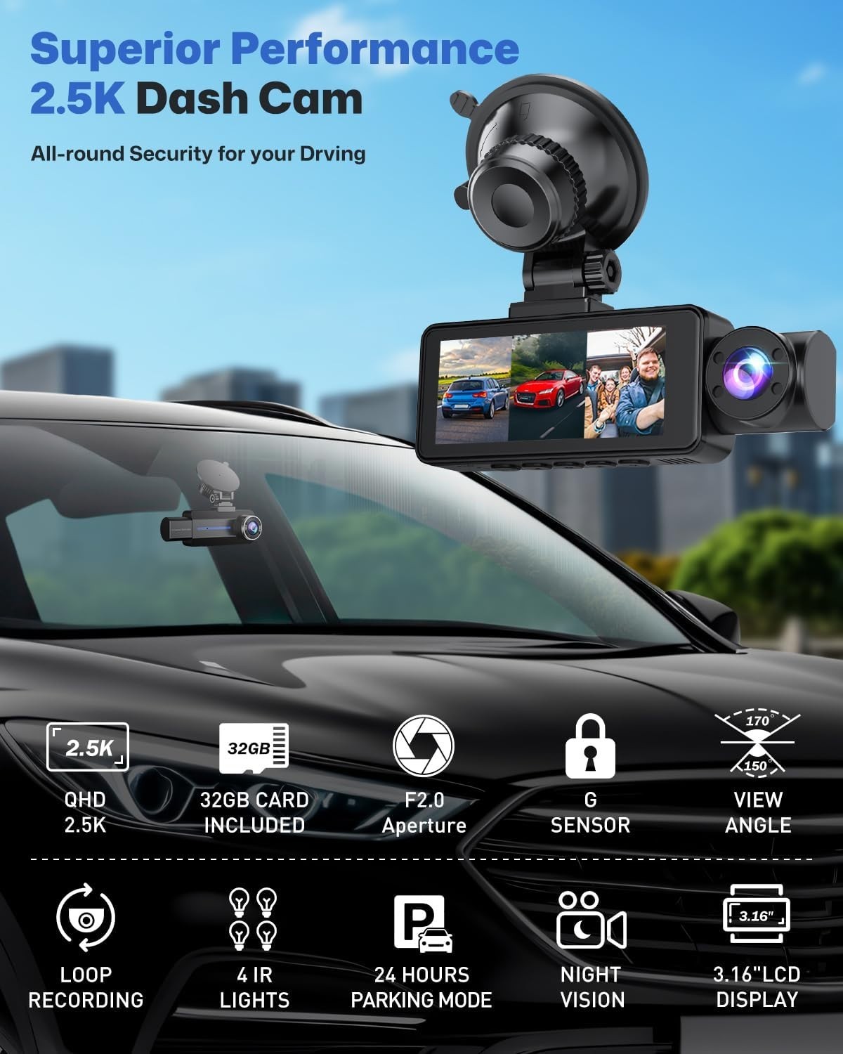 2.5K QHD Dash Cam with G-Sensor & Night Vision – Front, Rear & Inside Monitoring