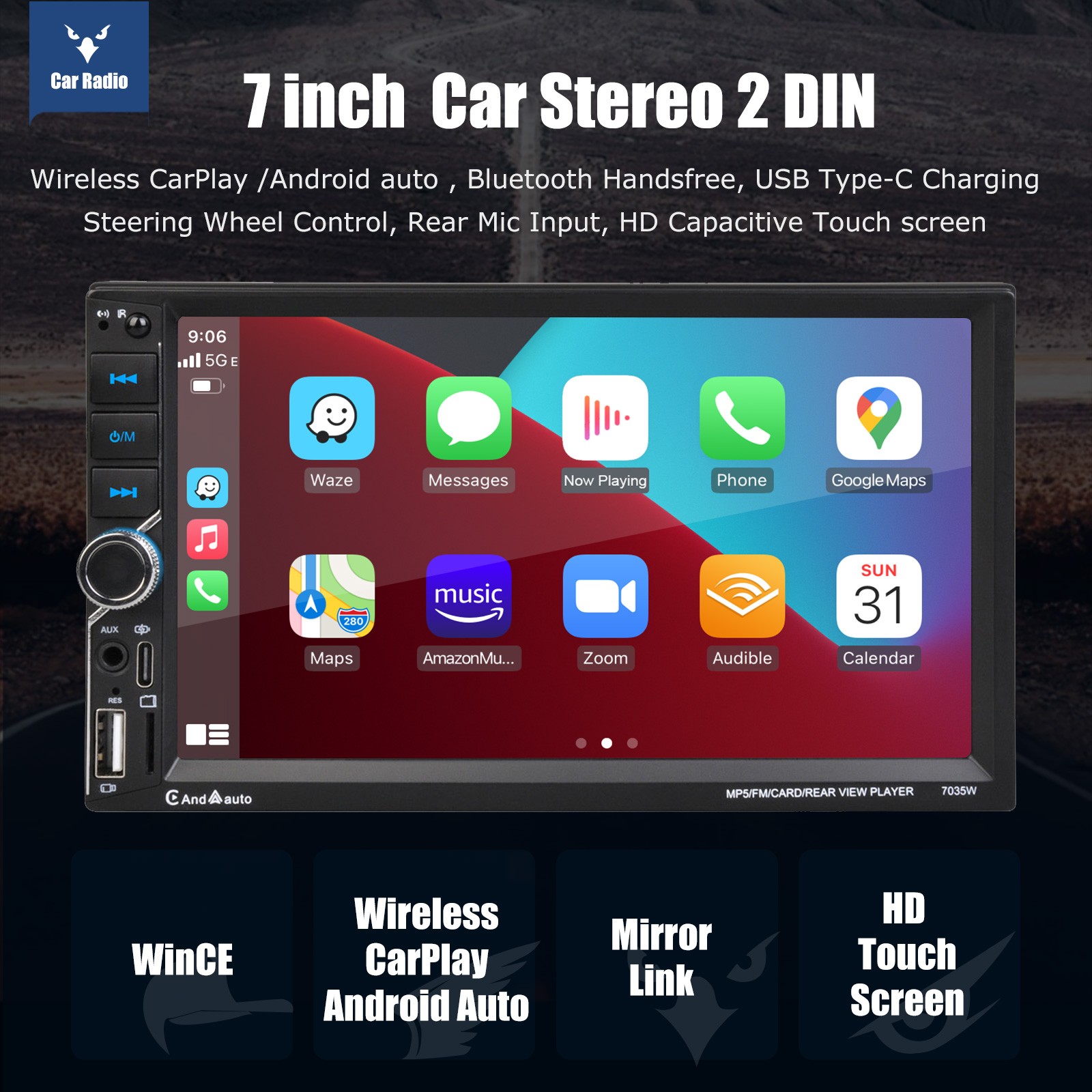 Double Din Car Stereo Wireless Apple CarPlay 7″ touchscreen Bluetooth Radio +Cam