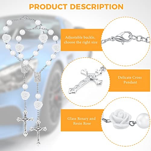 2 Pieces Car Rosary Rearview Mirror Charm,Rosary,White White, Rosary