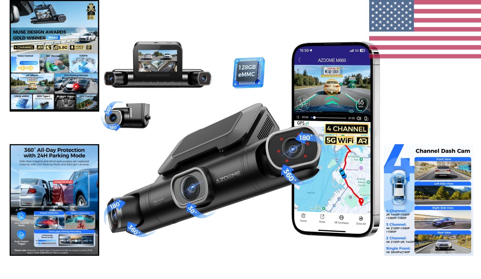 360° 4 Channel Dash Cam with 128GB eMMC – Voice Control, 5G WiFi & Night Vision