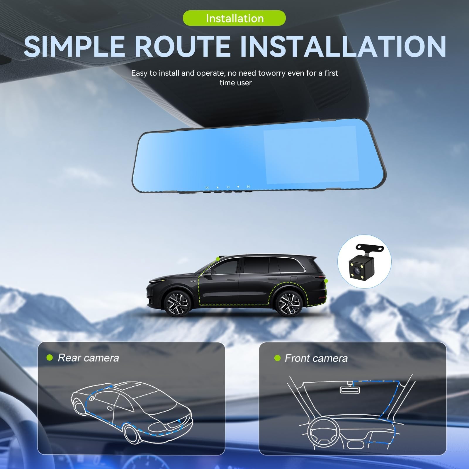 4.5″ Dual Lens Mirror Dash Cam 1080P Front & Rear View Camera, G-Sensor, Parking