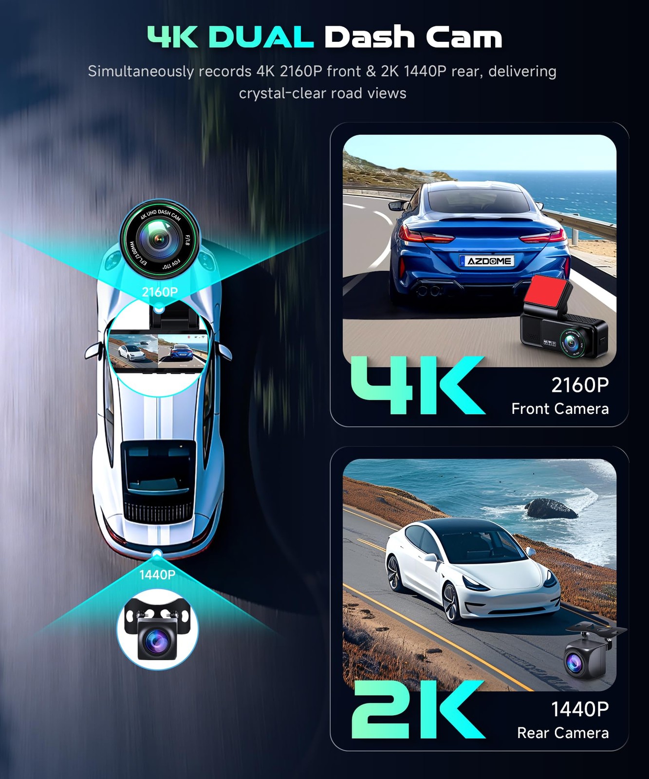 5Ghz WiFi 4K Dash Cam Front and Rear Full HD Dash Camera for Cars, Free 64GB …