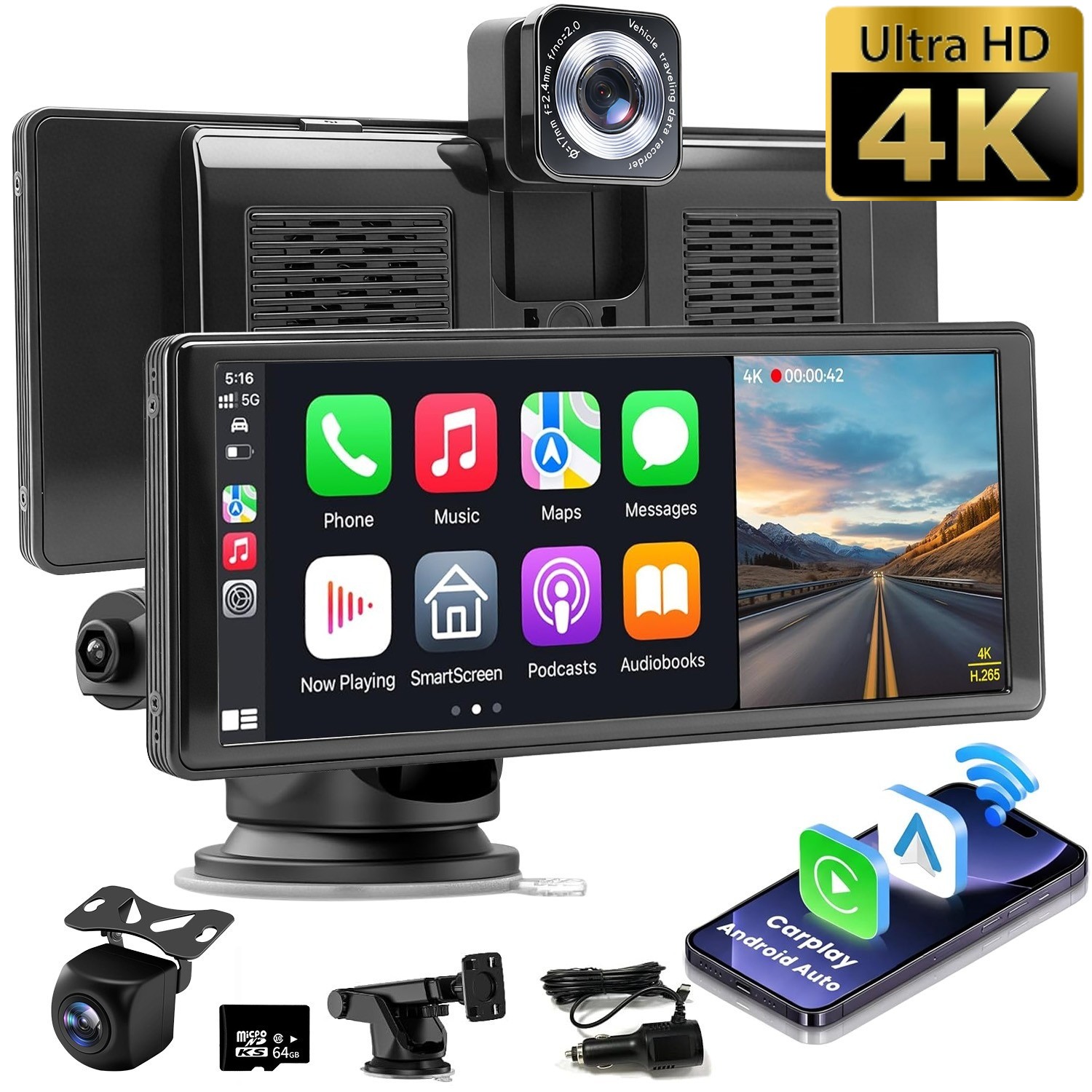 4K Dash Cam Front &1080P Rear Phone Screen Projection For CarPlay,Android Auto