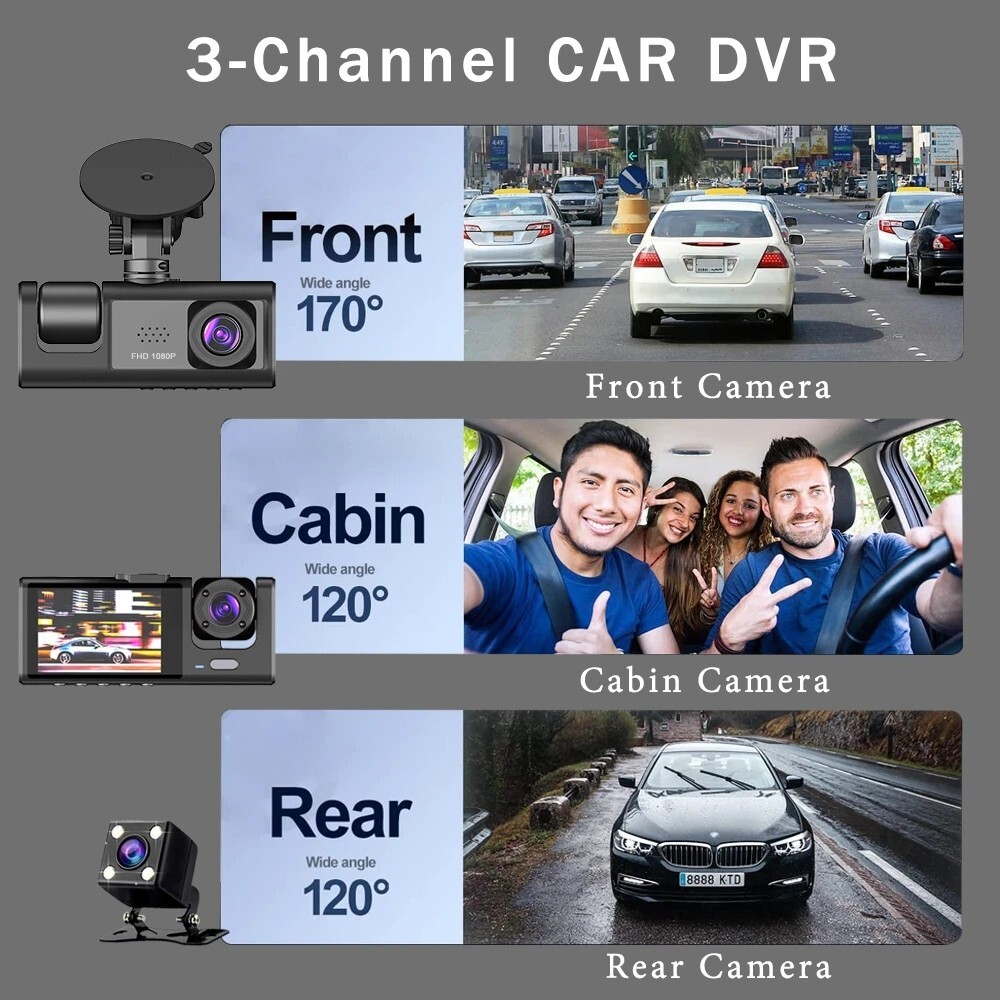 3 Channel Car DVR – HD 1080P – 3-Lens Inside Vehicle Dash Cam – Three-Way Camera