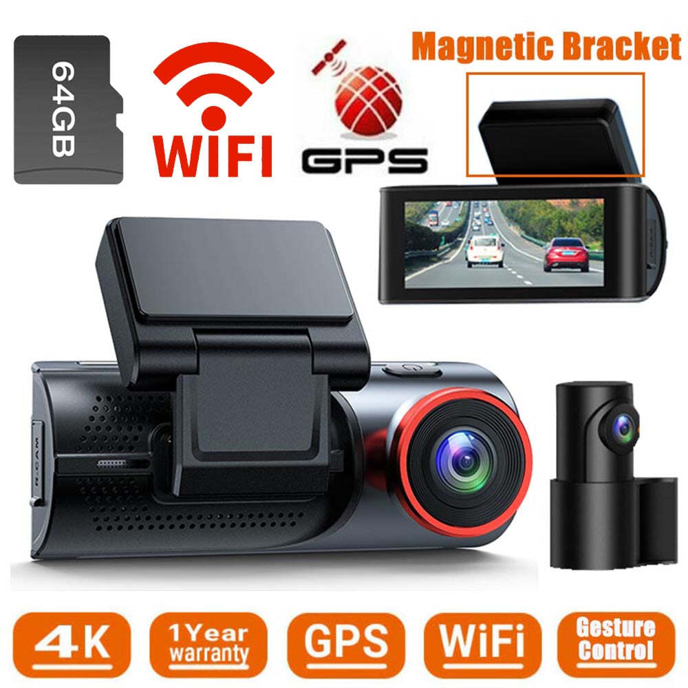 TOGUARD WIFI GPS 4K Dual Dash Cam Front Rear Night Vision Gesture Sensor 64GB