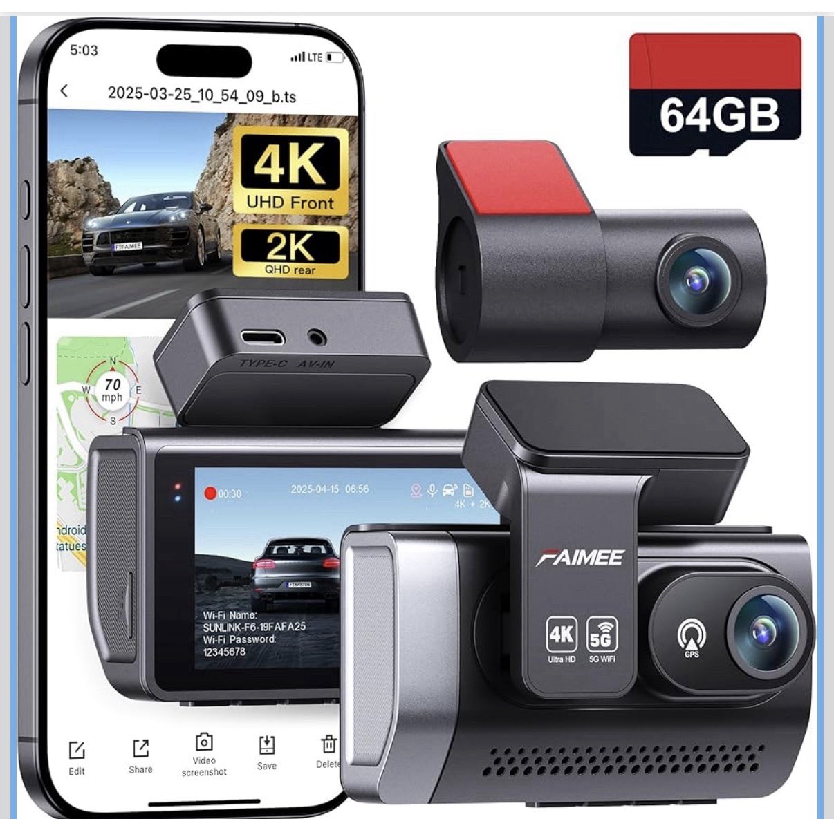 FAIMEE 4K+2K Dash Cam Front and Rear, Dash Camera for Cars 2 Channel, 64GB Card