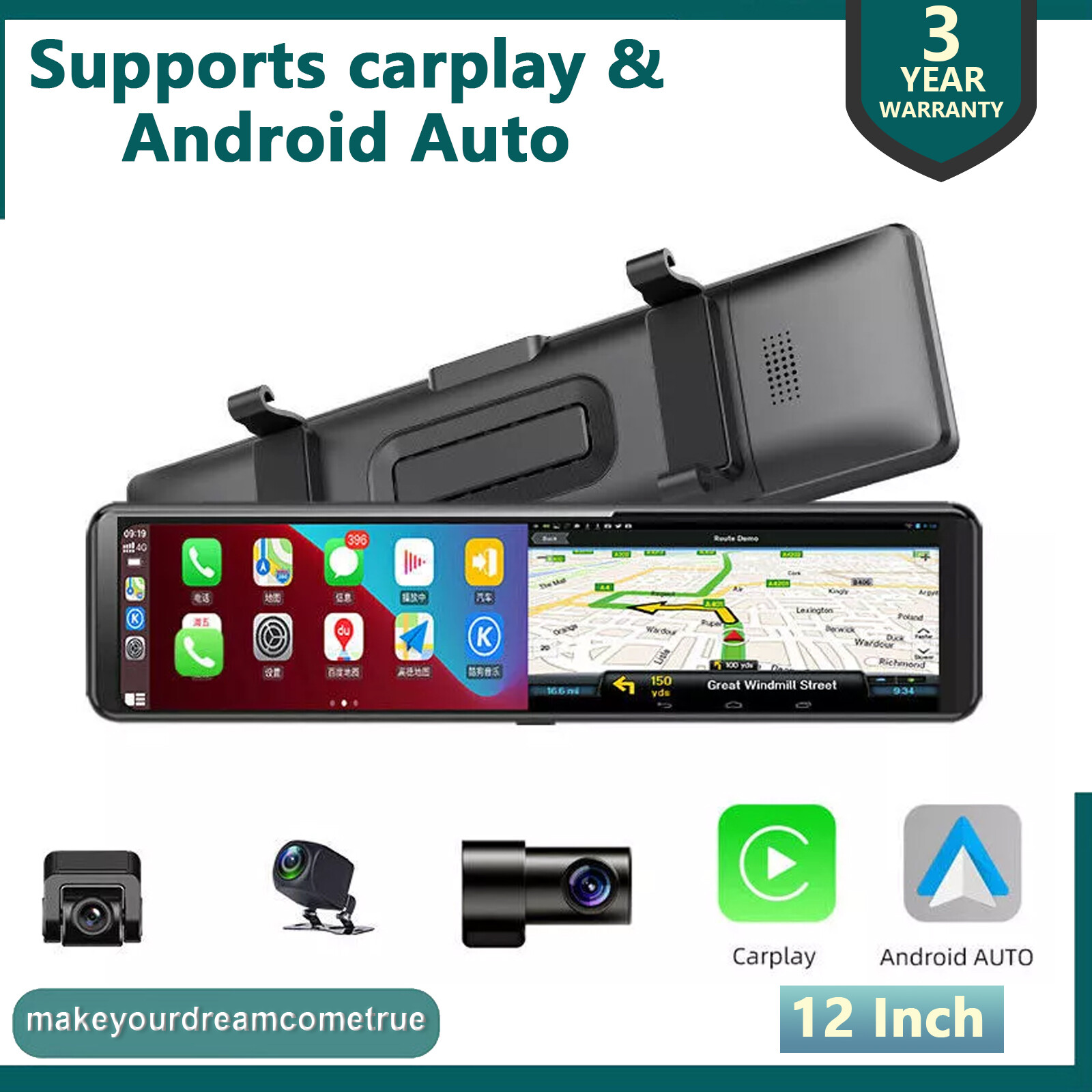 12″ Full Touch IPS 4G wifi Car DVR Camera Android Auto cam smart rearview mirror