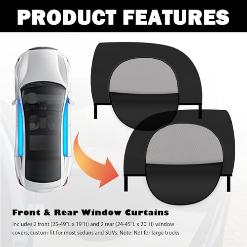 4PCS Front/Rear Car Window Shades with Zipper,Breathable Car Side Window Sun