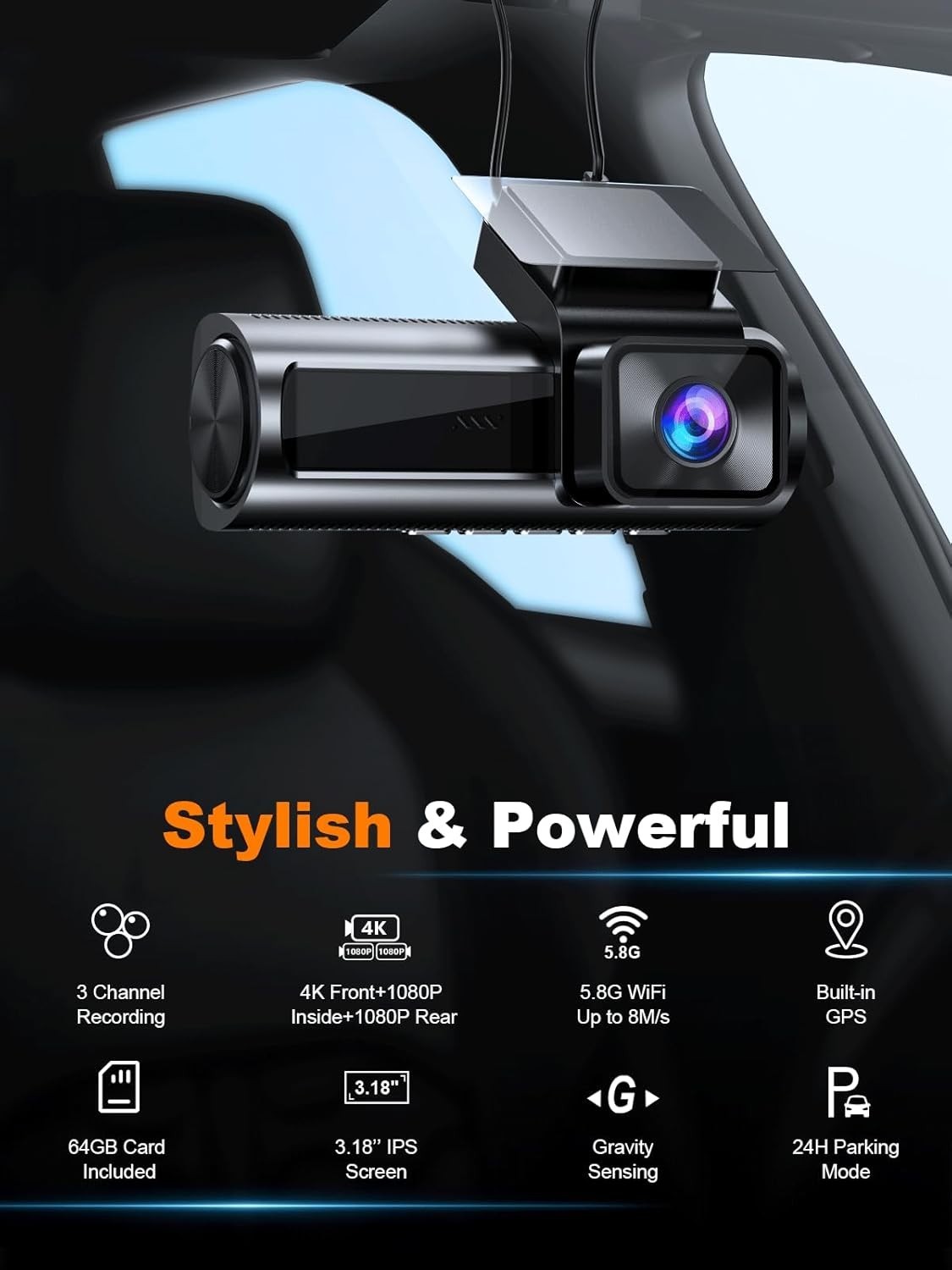 4K 3 Channel Dash Cam with WiFi & GPS – Inside, Front, Rear Coverage, 64GB Card